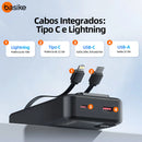 Power Bank Basike 20000mAh Preto, Carga Rápida 22.5W para iPhone e Samsung, Com Cabos Embutidos e Display